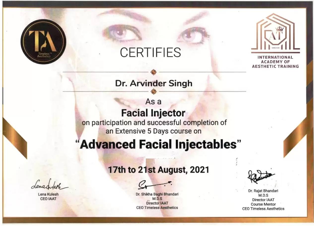 Dr Arvinder Singh Certified in Advanced Facial Injectable by International Academy