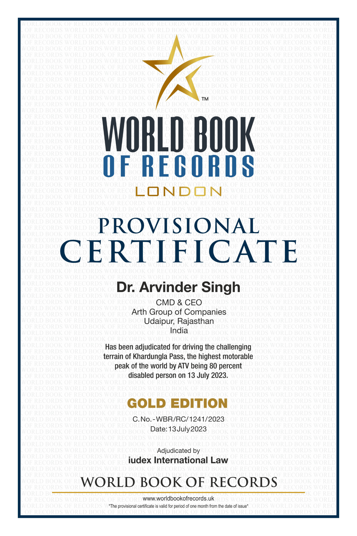 Dr. Arvinder Singh World Record Certificate