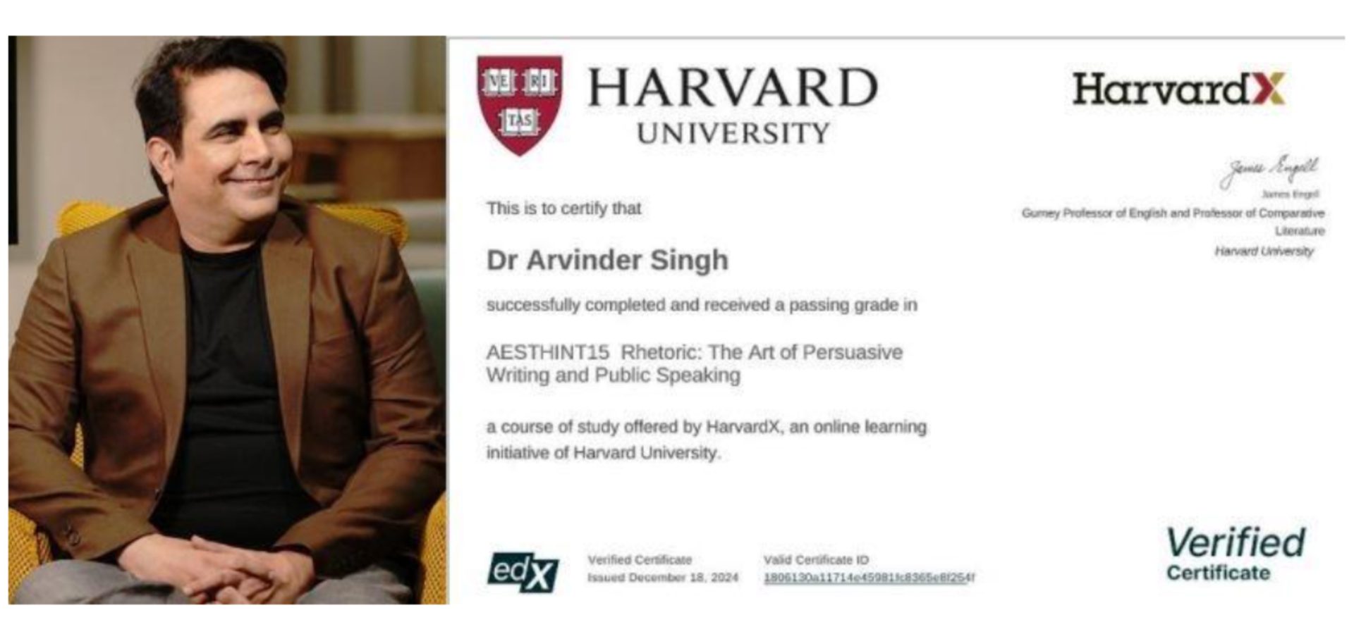 Dr. Arvinder Singh Achieves 100% Grade from Harvard in Communication & Presentation Skills