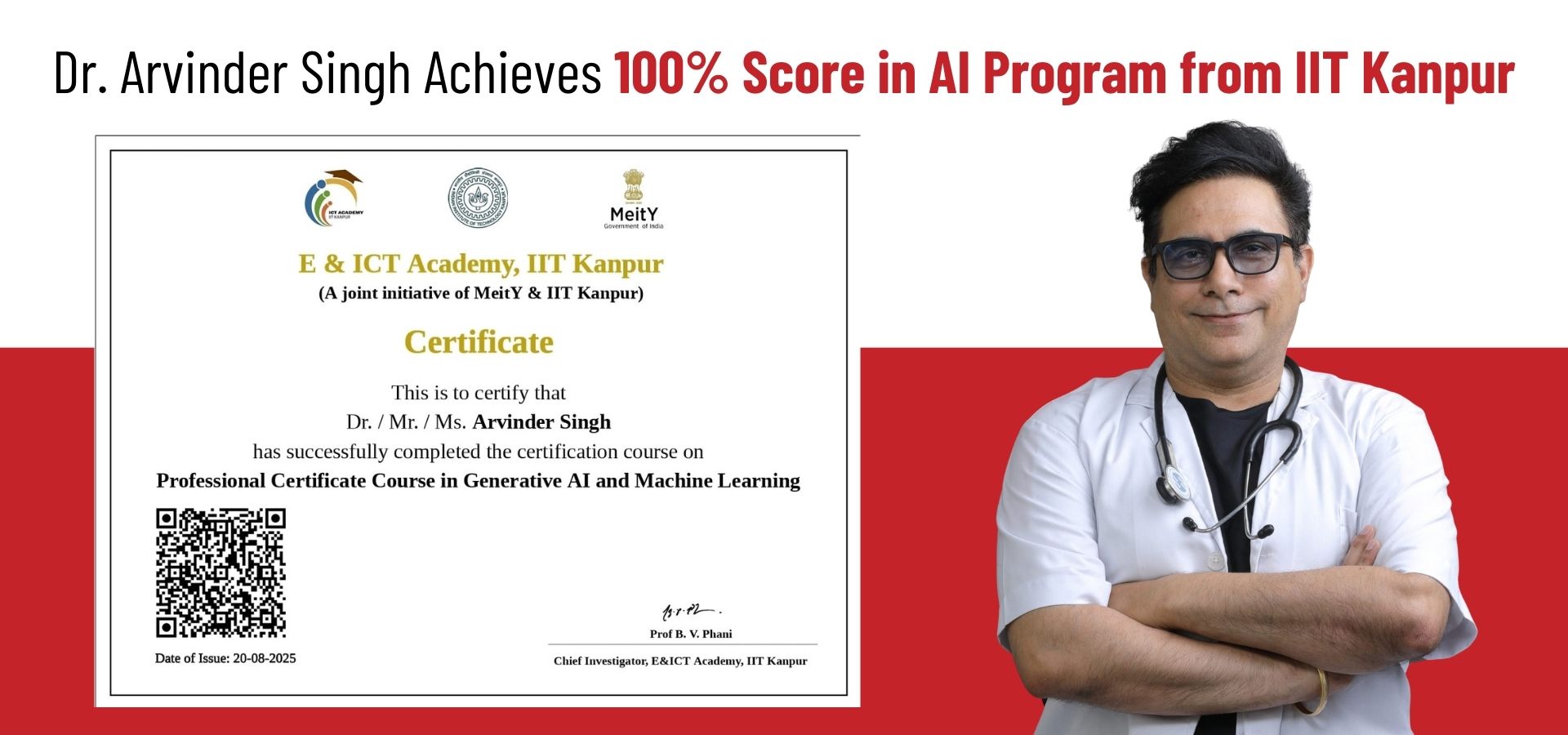 Dr. Arvinder Singh Achieves 100% Score in AI Program from IIT Kanpur with certificate recognition