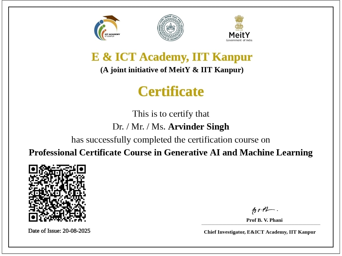 Certificate of Dr. Arvinder Singh Achieves 100% Score in AI Program from IIT Kanpur