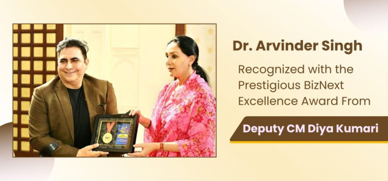 Dr. Arvinder Singh receiving the Excellence in Diagnostic Services Award from Deputy Chief Minister Diya Kumari on behalf of Arth Diagnostics