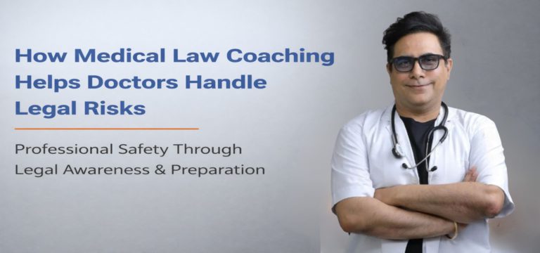 A professional medical law coach advising a doctor in a modern office, symbolizing medical law coaching for doctors to manage legal risks.