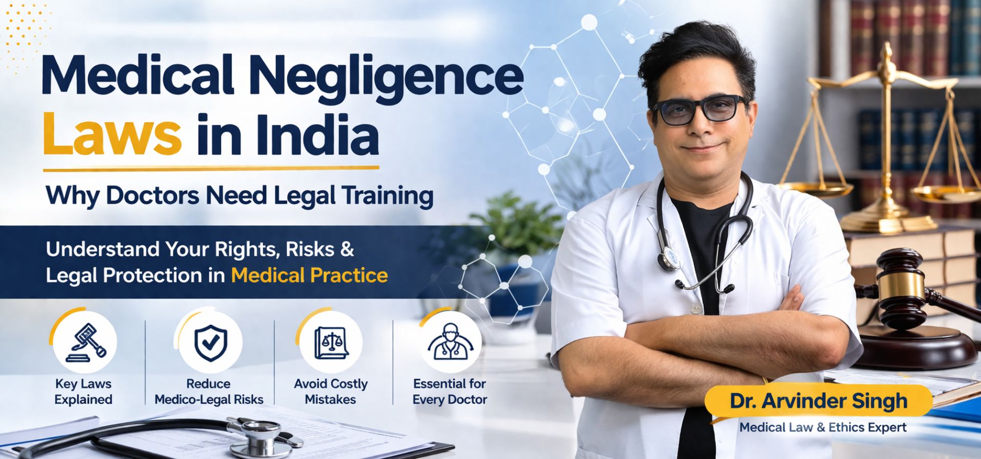 Doctor explaining medical negligence laws in India with legal symbols and healthcare context